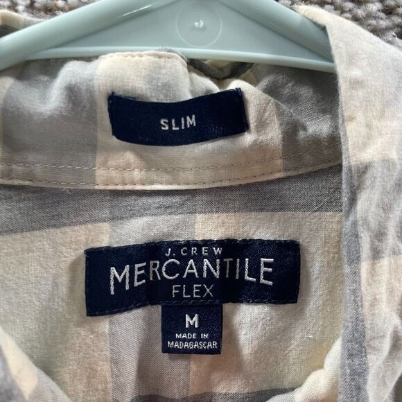 J Crew Shirt Adult Medium Beige Grey Plaid Slim Fit Button Up Mercantile Flex - Picture 6 of 11